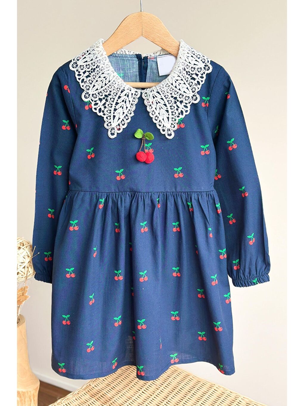 Kız Çocuk Lacivert Kiraz Desenli Dantel Yakalı Pamuklu Elbise-1