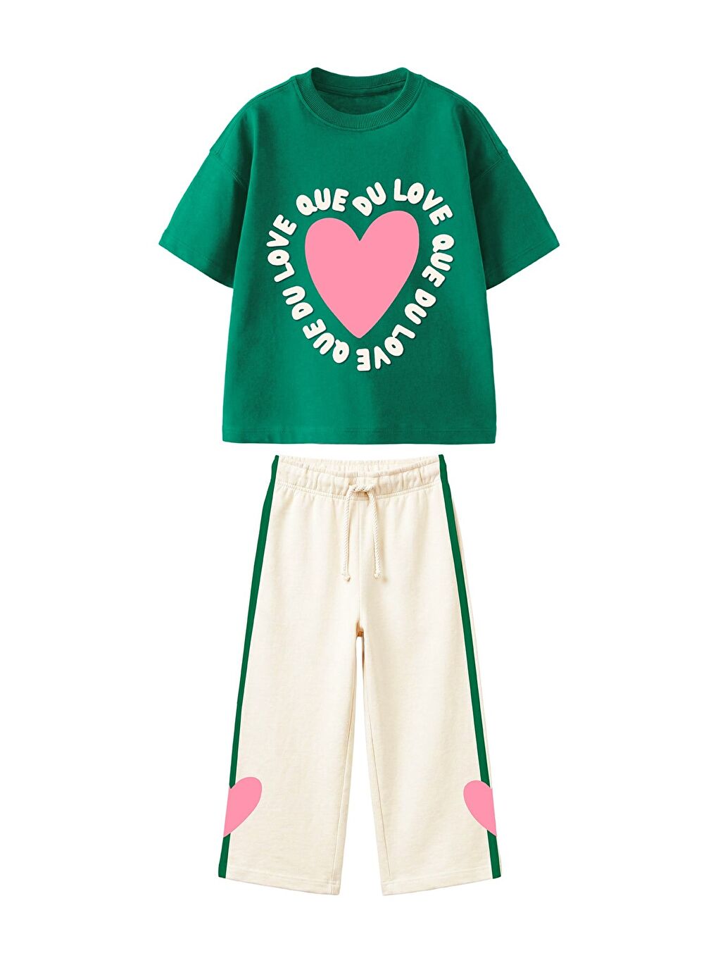 Kız Çocuk Pamuklu Yeşil Baskılı T-Shirt Ve Paçasında Kalp Detaylı Alt Üst Takım-3