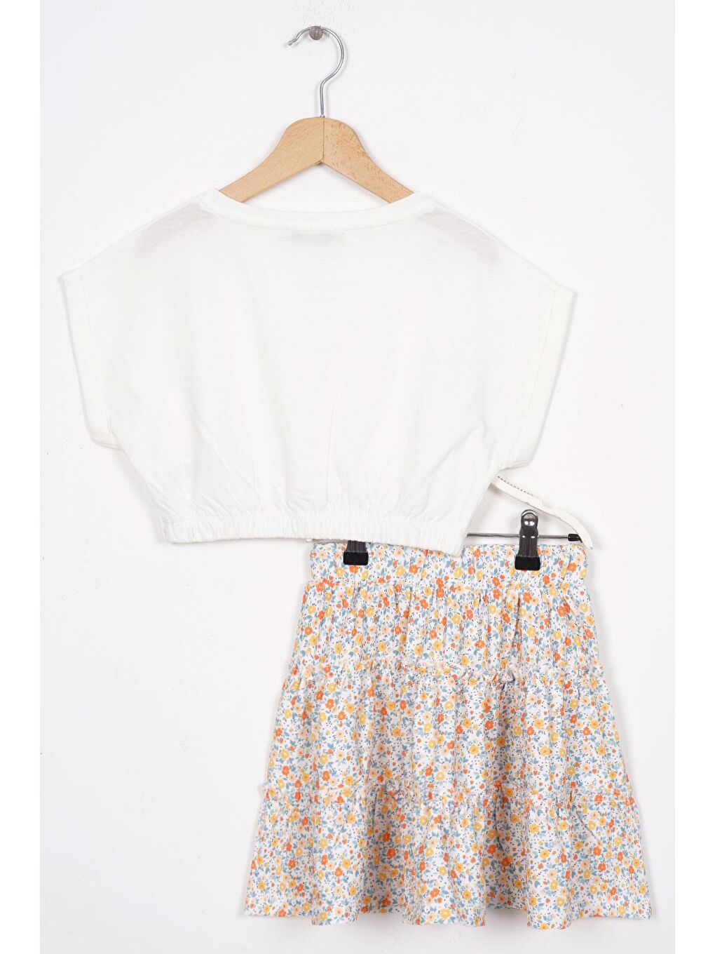 Beli Lastikli Duble Kol Çiçekli Sarı Renk Kız Çocuk Etekli Takım-6