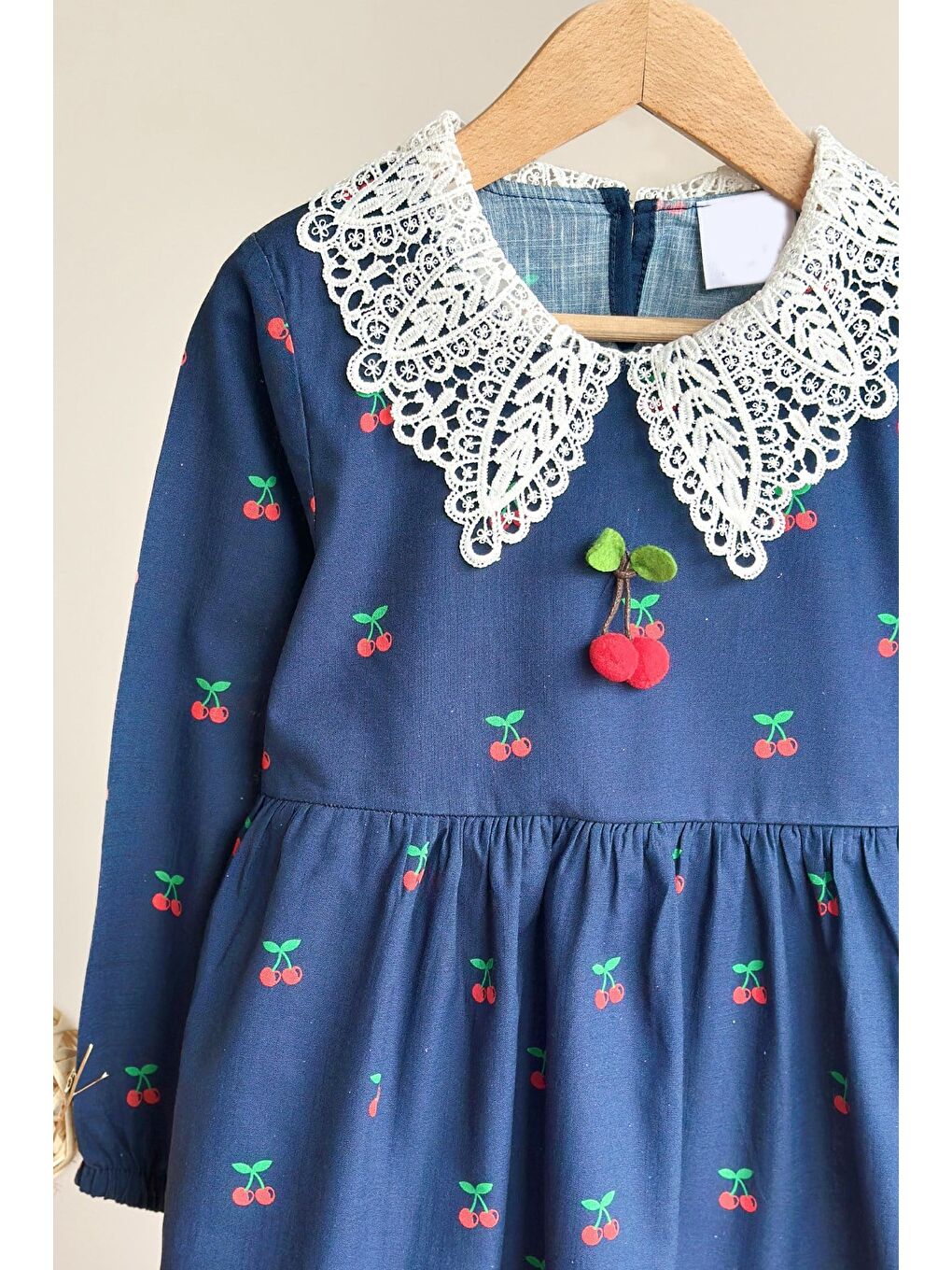 Kız Çocuk Lacivert Kiraz Desenli Dantel Yakalı Pamuklu Elbise-2