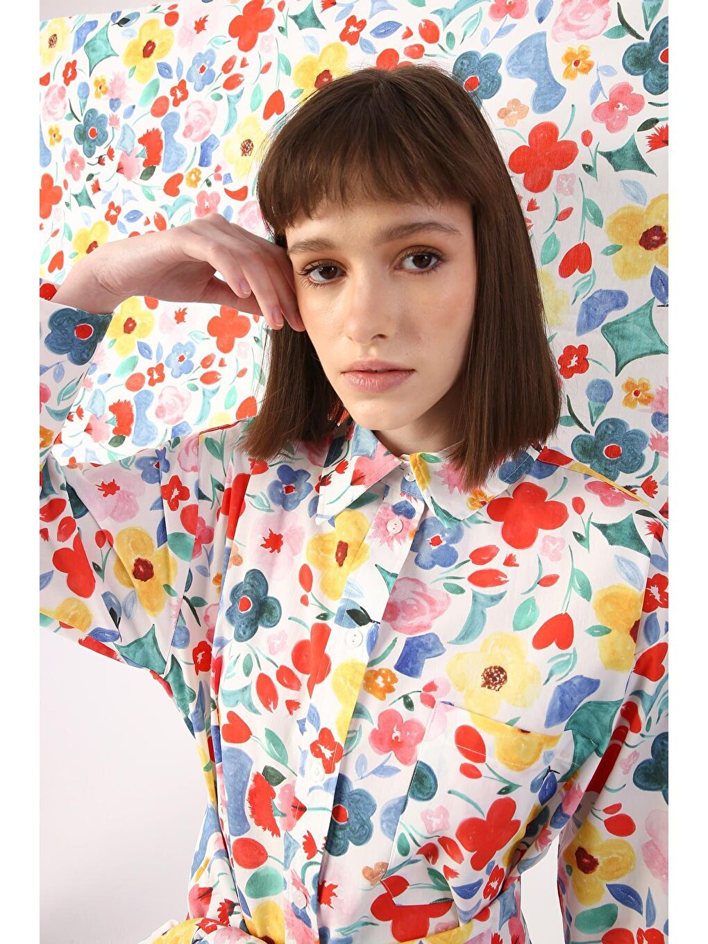 Karışık Çok Renkli %100 Pamuk Desenli Gömlek Tunik-4