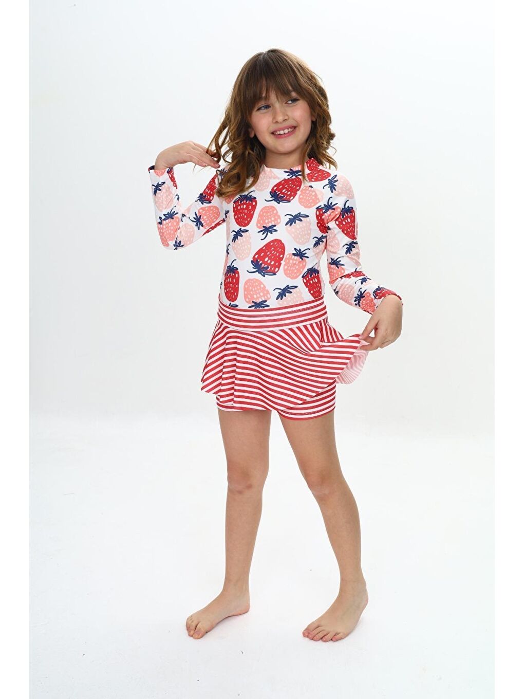 Kırmızı Kız Çocuk Şort Etekli Uzun Kollu Mayo Takımı 3-10 Yaş 12228