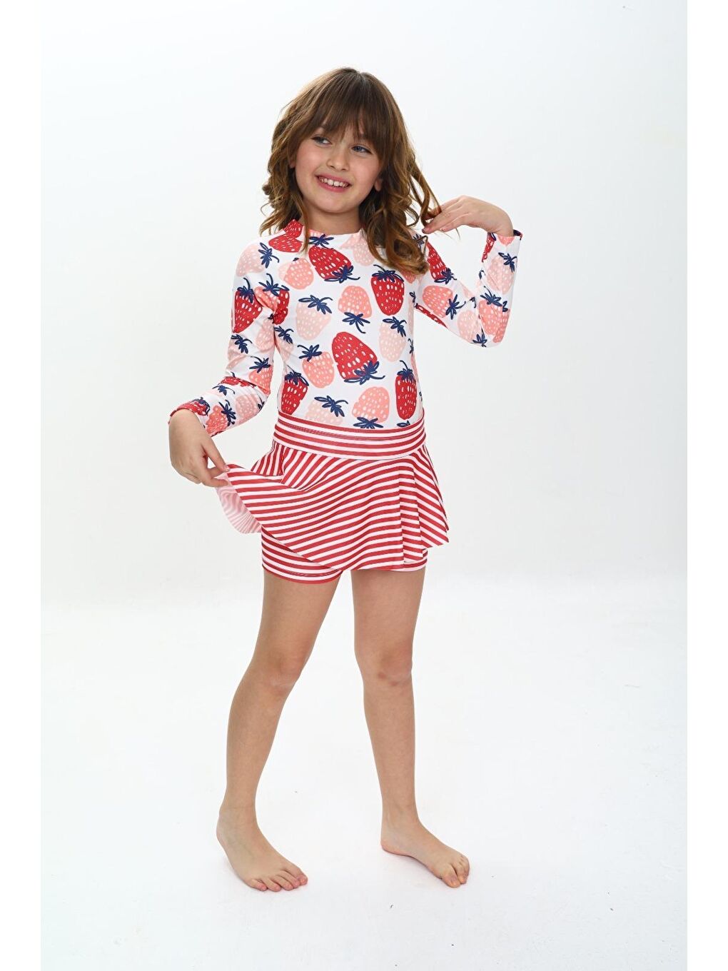 Kırmızı Kız Çocuk Şort Etekli Uzun Kollu Mayo Takımı 3-10 Yaş 12228-1