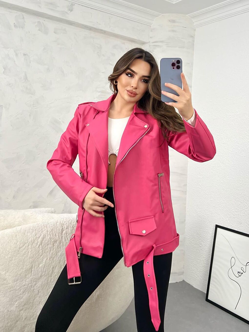 MEECY Pembe Kadın Pembe Oversize Biker Deri Ceket