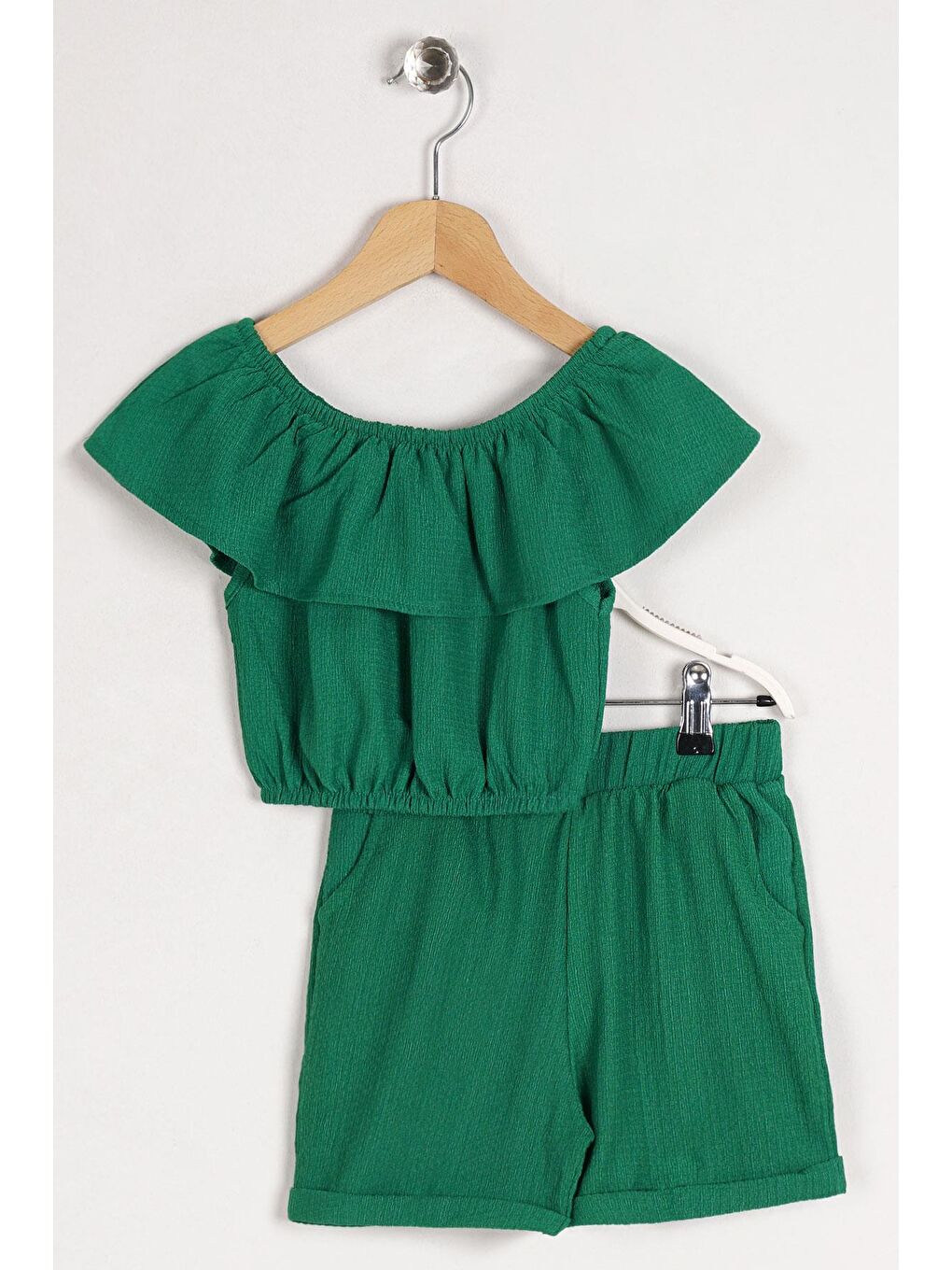 Kayıkçı Yaka Omuz Detaylı Fırfır Kollu Beli Lastikli Cep Detaylı Yeşil Renk Kız Çocuk Şortlu Takım-2