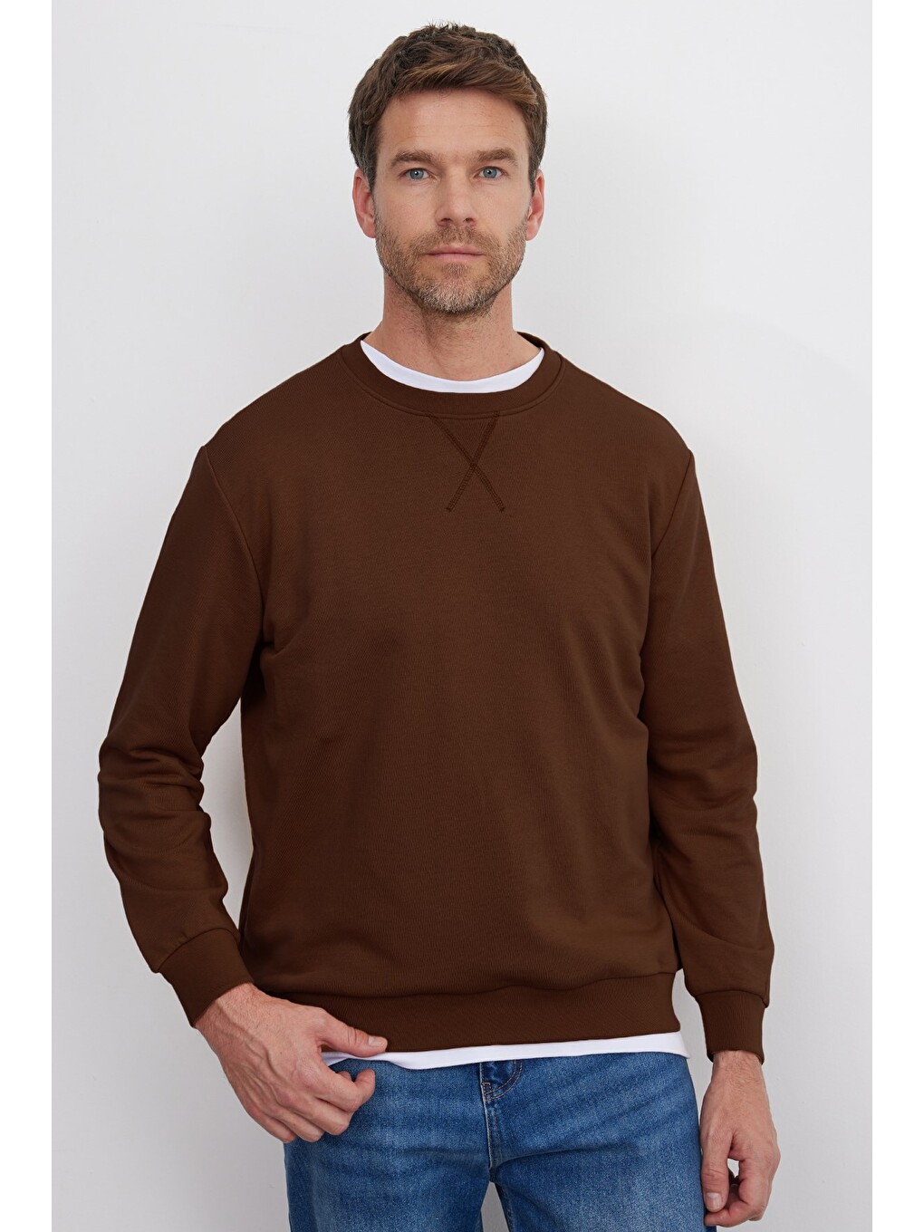 Unisex Relax Fit Rahat Kesim %100 Pamuk 3 İplik Basic Kahverengi Bisiklet Yaka Sweatshirt