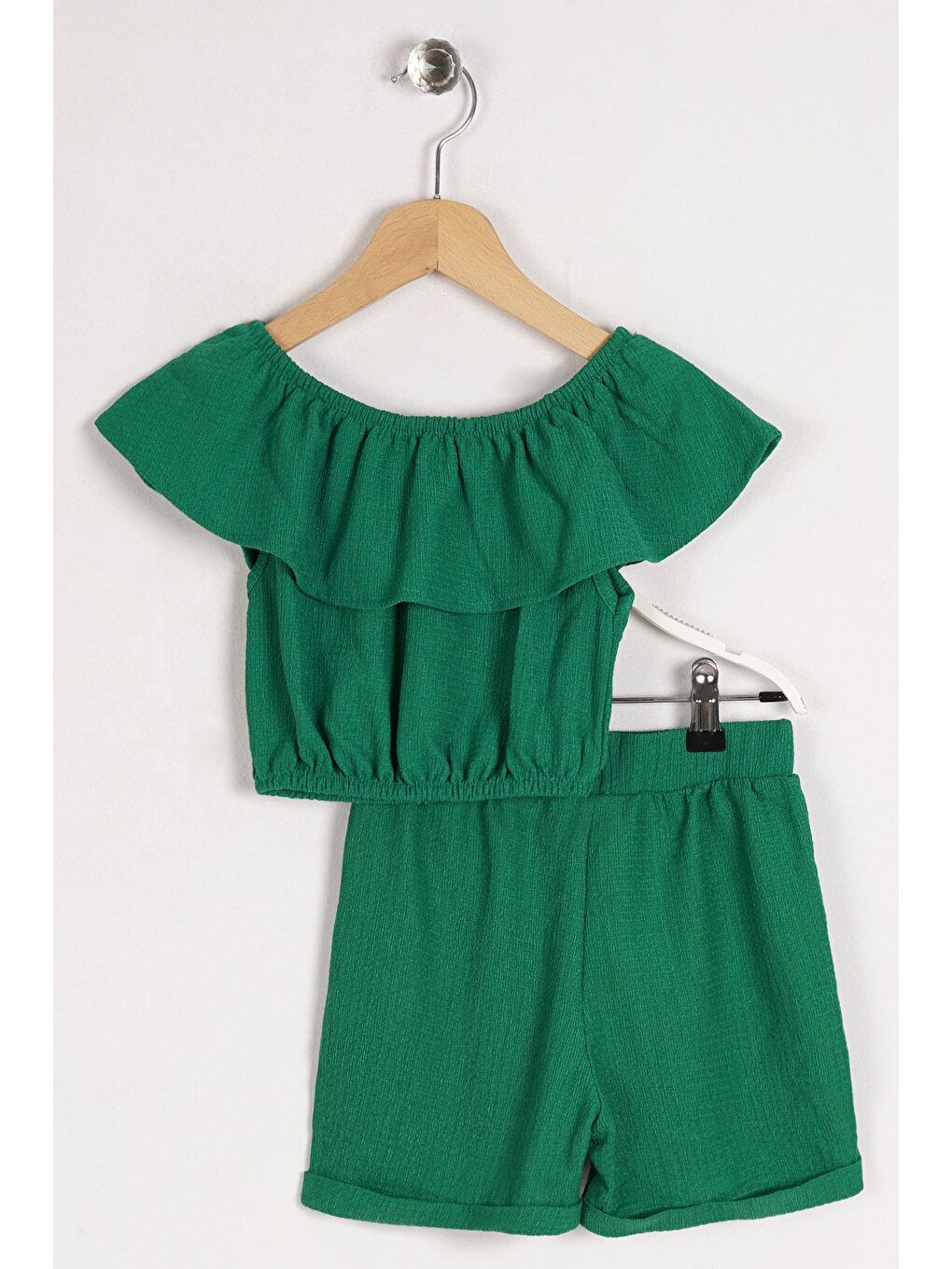 Kayıkçı Yaka Omuz Detaylı Fırfır Kollu Beli Lastikli Cep Detaylı Yeşil Renk Kız Çocuk Şortlu Takım-3