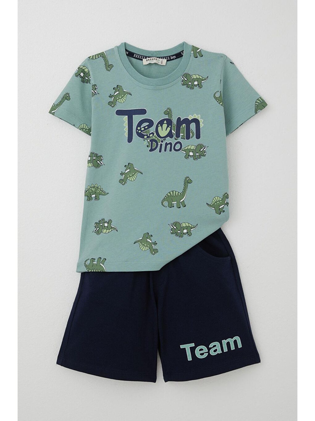Turkuaz Erkek Çocuk Şortlu Takım Zıp Zıp Dinozor Takımı Su Yeşili (2-6 Yaş)