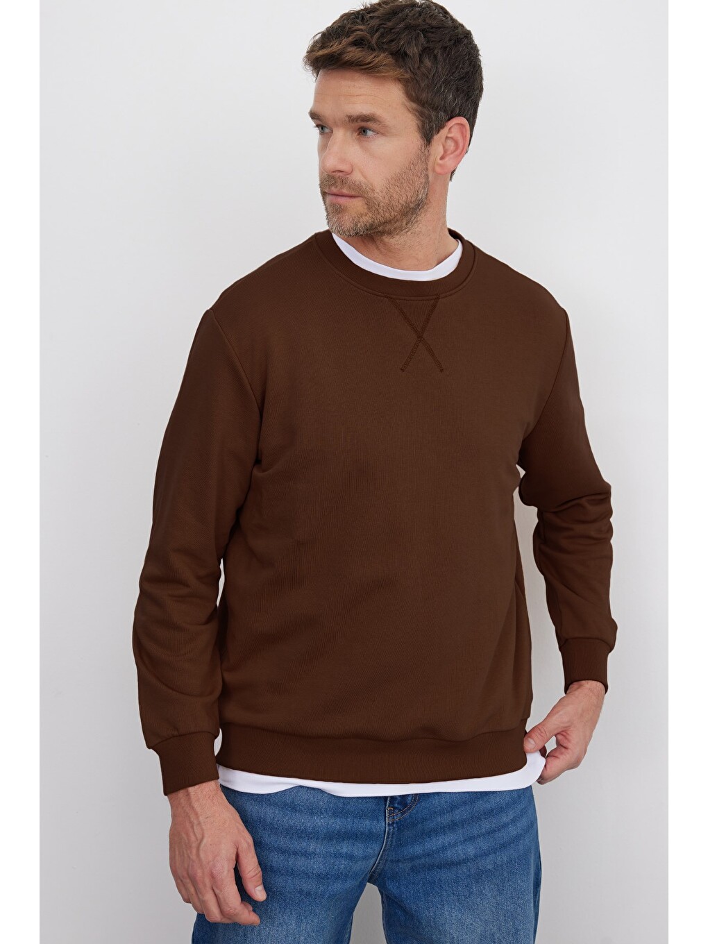 Unisex Relax Fit Rahat Kesim %100 Pamuk 3 İplik Basic Kahverengi Bisiklet Yaka Sweatshirt-3