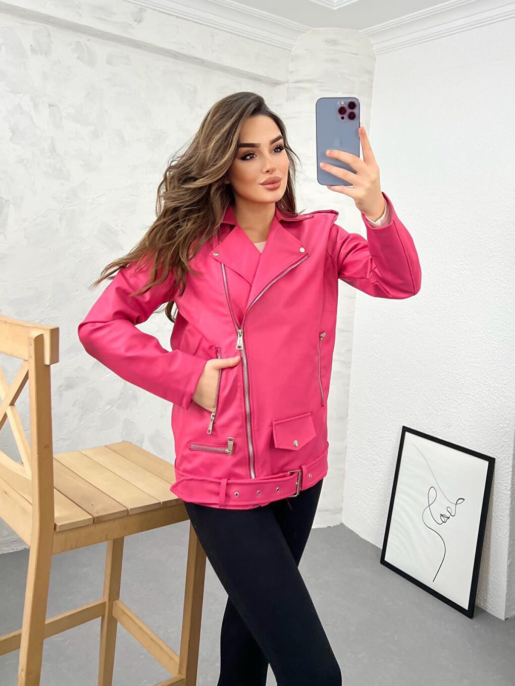 MEECY Pembe Kadın Pembe Oversize Biker Deri Ceket - 1