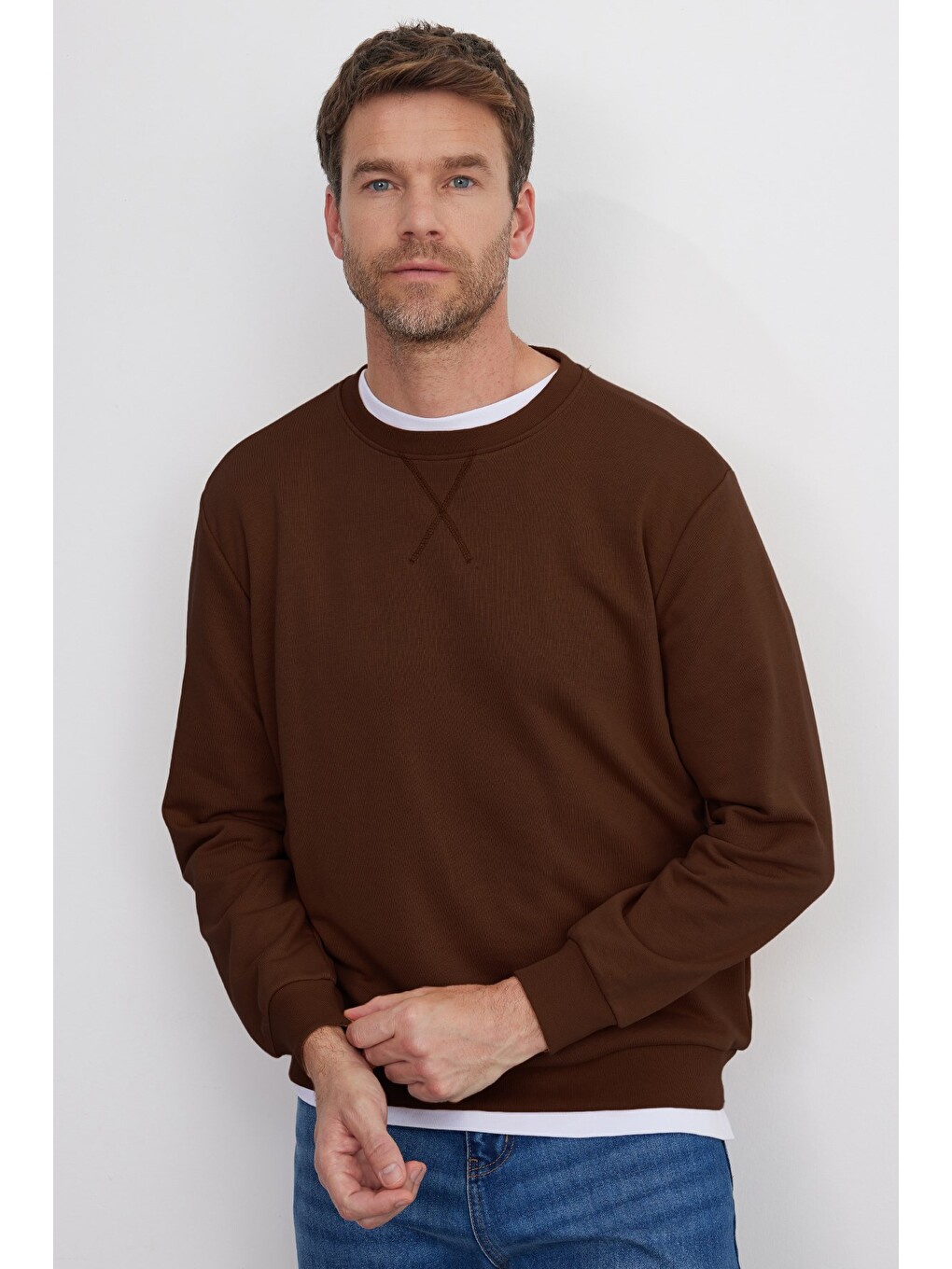 Unisex Relax Fit Rahat Kesim %100 Pamuk 3 İplik Basic Kahverengi Bisiklet Yaka Sweatshirt-4