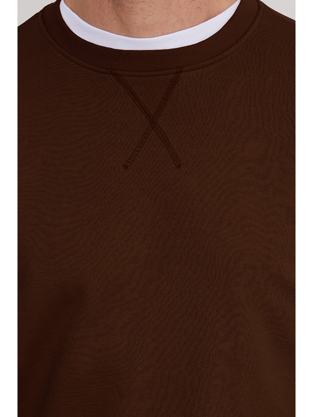 Unisex Relax Fit Rahat Kesim %100 Pamuk 3 İplik Basic Kahverengi Bisiklet Yaka Sweatshirt-5