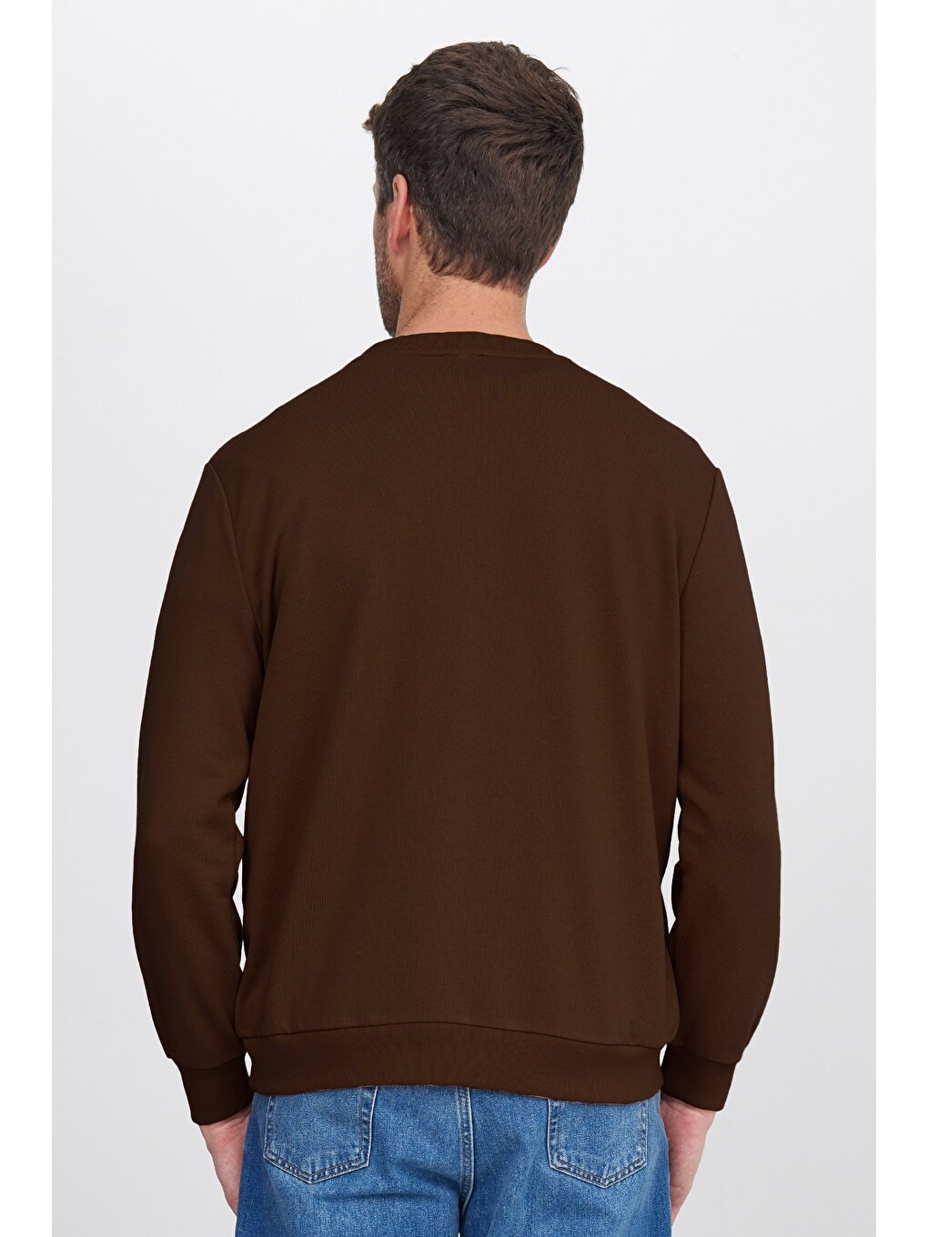 Unisex Relax Fit Rahat Kesim %100 Pamuk 3 İplik Basic Kahverengi Bisiklet Yaka Sweatshirt-6