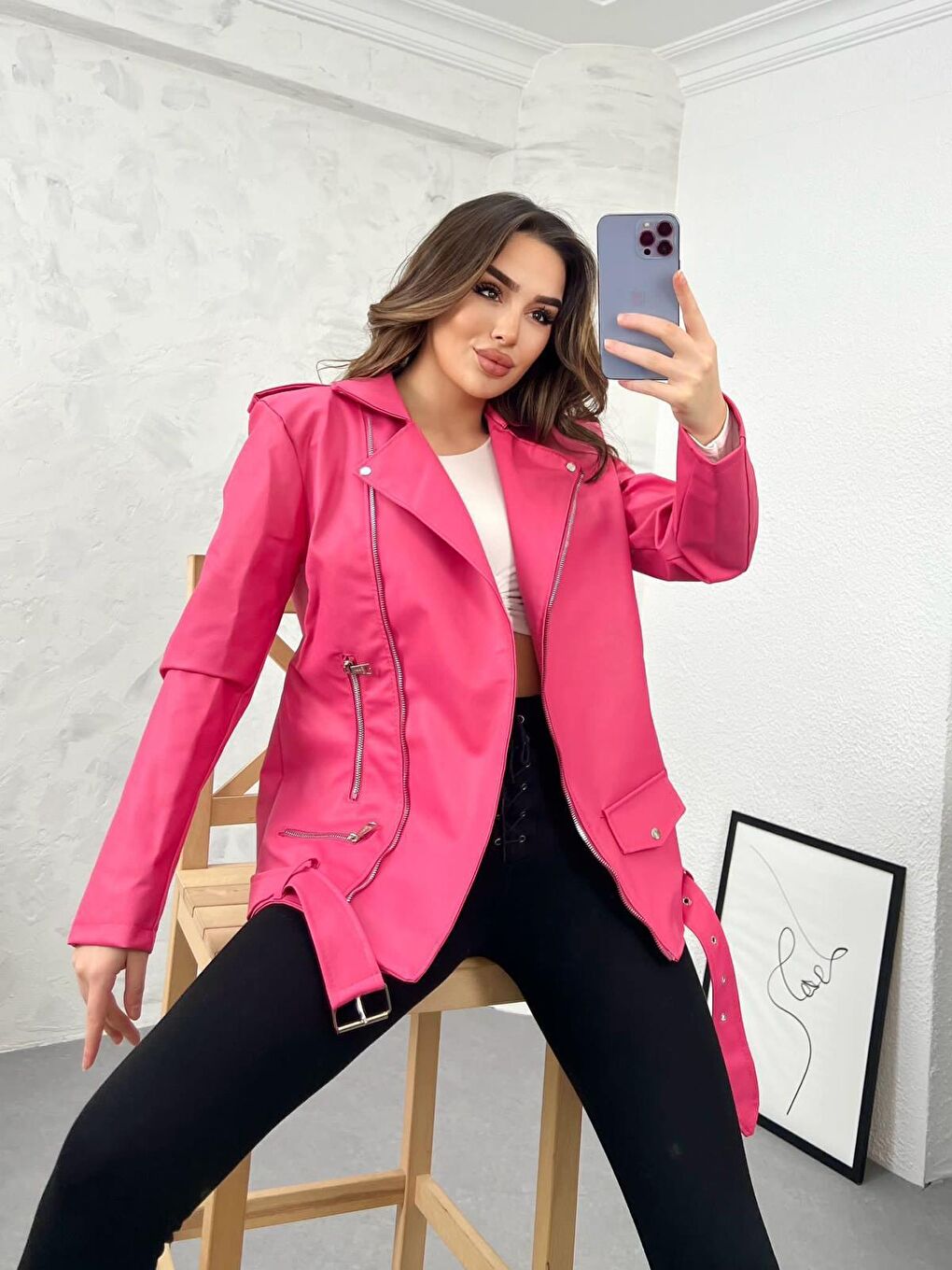 MEECY Pembe Kadın Pembe Oversize Biker Deri Ceket - 2