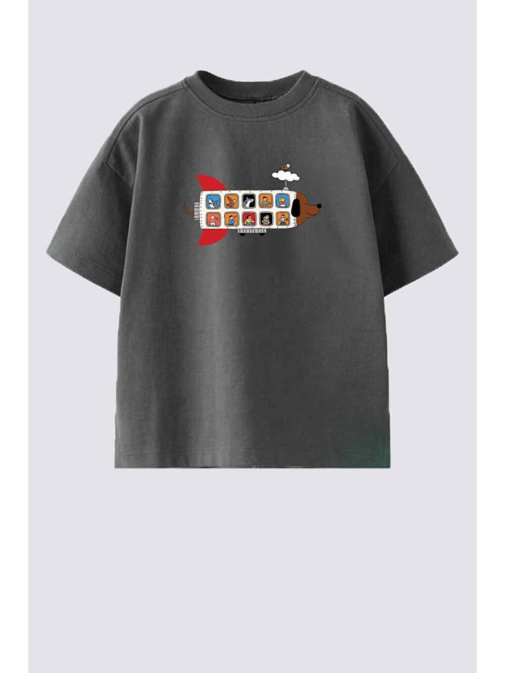 Antrasit Erkek Çocuk Pamuklu Bisiklet Yaka Baskılı T-Shirt