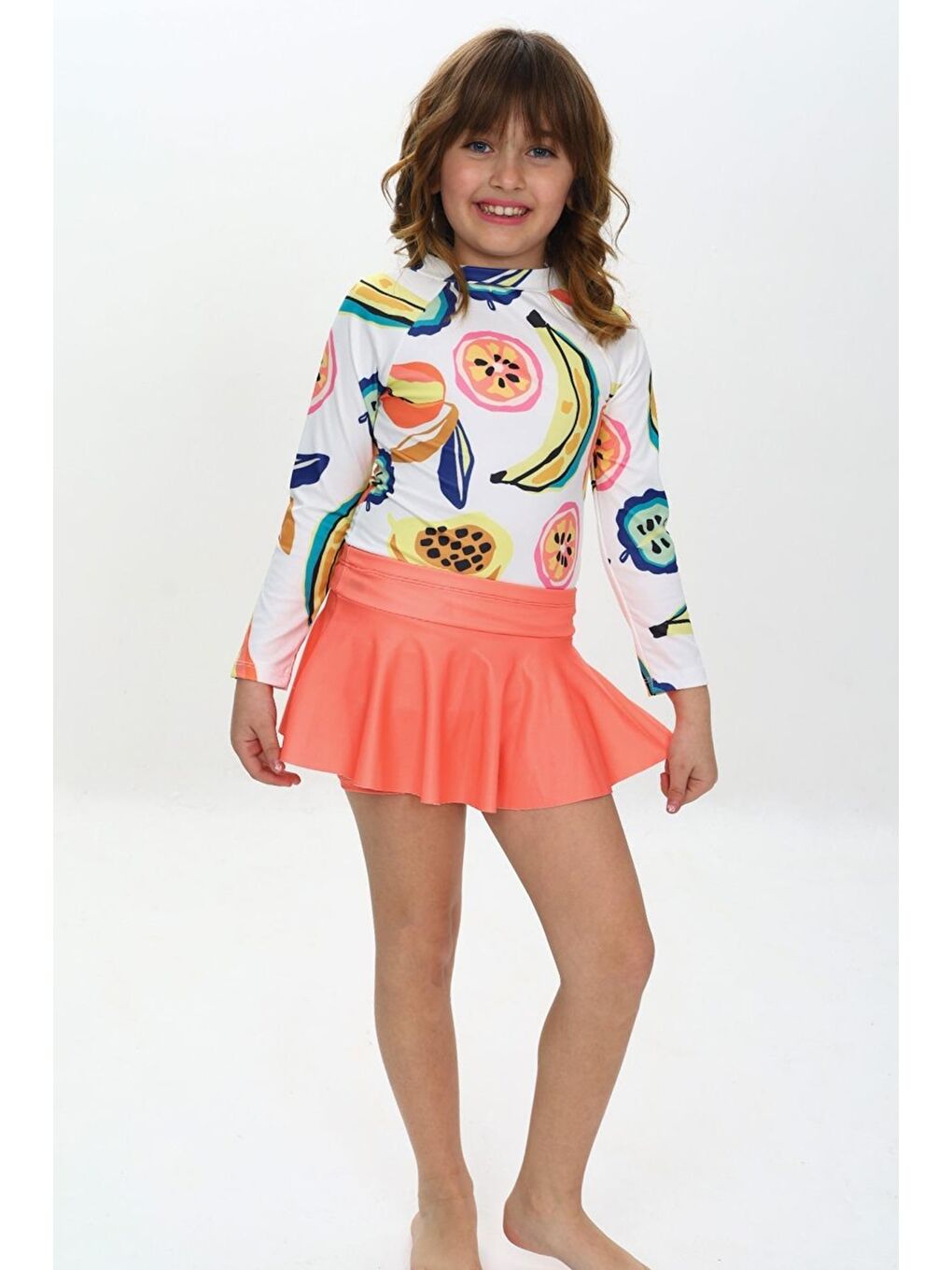 Gri Kız Çocuk Şort Etekli Uzun Kollu Mayo Takımı 3-10 Yaş 12227-1