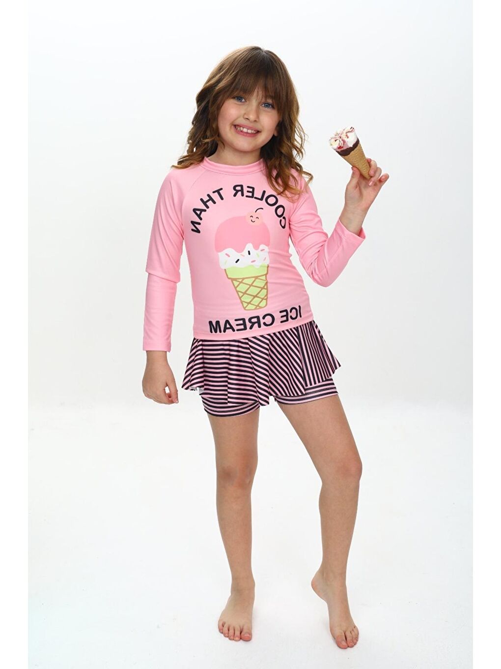 Pembe Kız Çocuk Şort Etekli Uzun Kollu Mayo Takımı 3-10 Yaş 12228-1