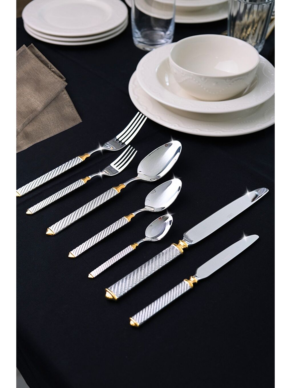 Gri Linda Gold Çatal Kaşık Bıçak Takımı 12 Kişilik 84 Parça-7