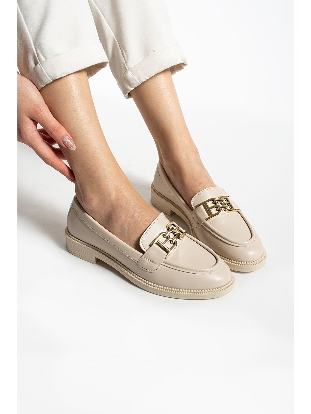 Bej Tegan Kadın Loafer Makosen Casual Toka Detay Günlük Ayakkabı-3