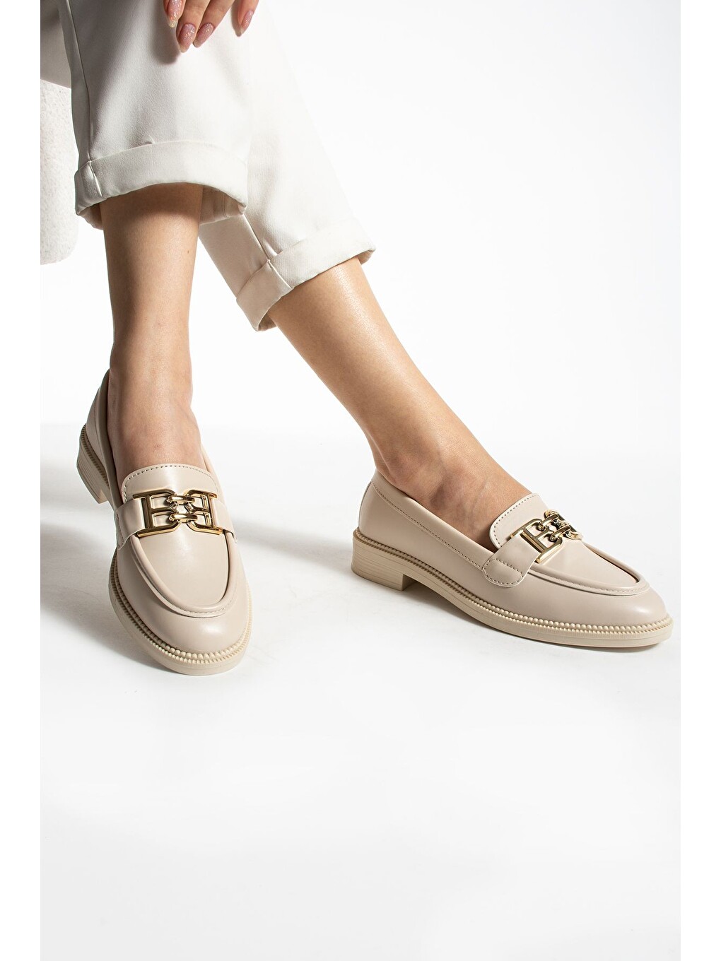 Bej Tegan Kadın Loafer Makosen Casual Toka Detay Günlük Ayakkabı-4