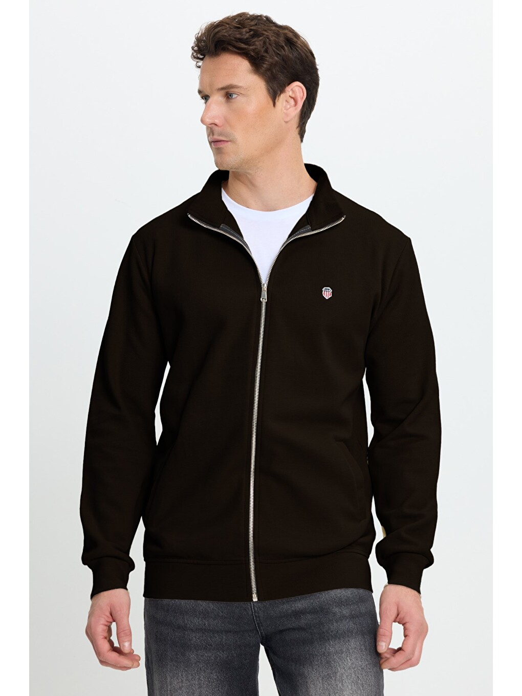 Erkek Slim Fit Dar Kesim Pamuklu Tam Fermuarlı Çift Cepli Dik Yaka Koyu Kahverengi Sweatshirt Hırka-1