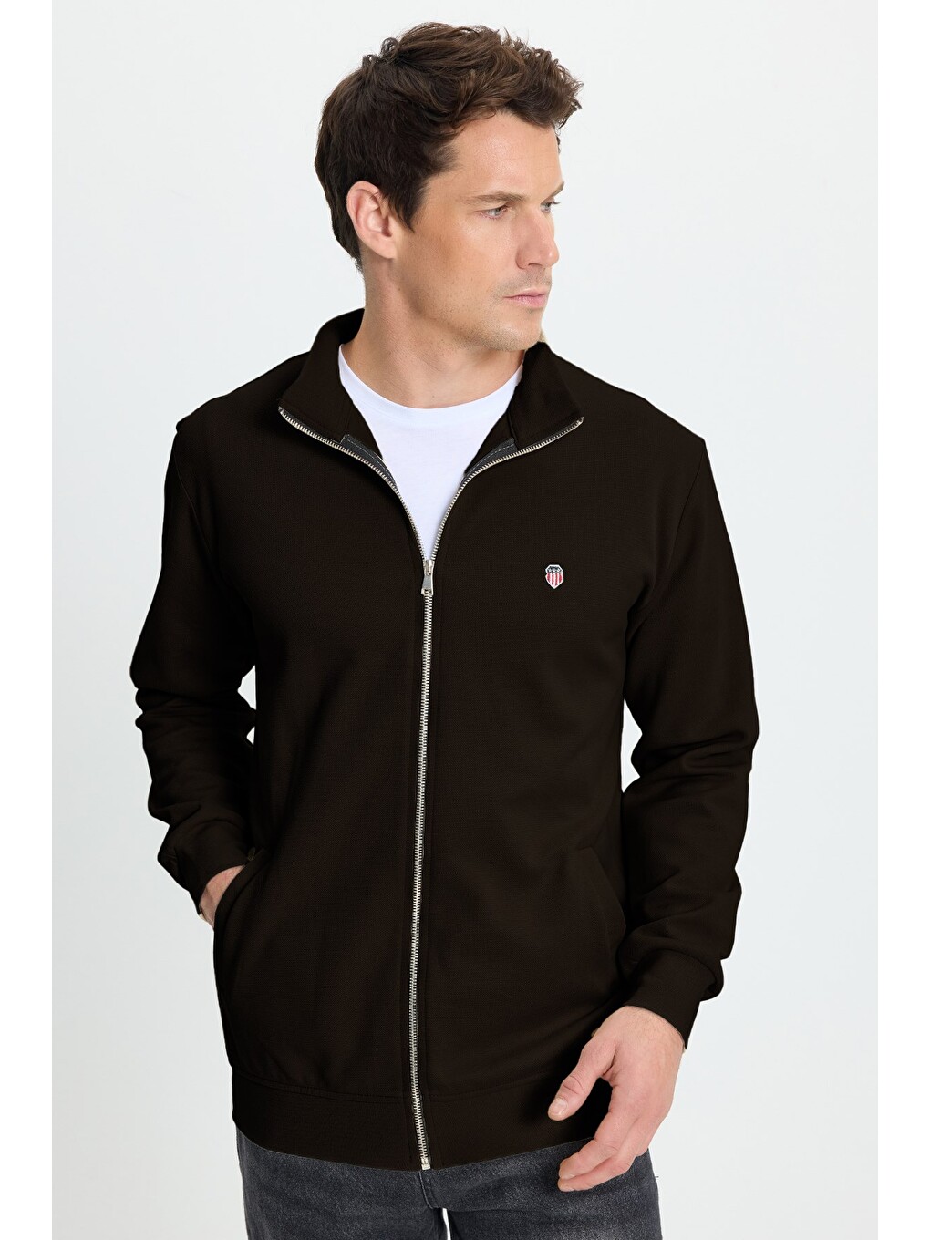 Erkek Slim Fit Dar Kesim Pamuklu Tam Fermuarlı Çift Cepli Dik Yaka Koyu Kahverengi Sweatshirt Hırka-2