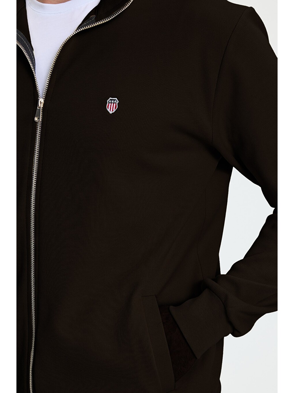 Erkek Slim Fit Dar Kesim Pamuklu Tam Fermuarlı Çift Cepli Dik Yaka Koyu Kahverengi Sweatshirt Hırka-3