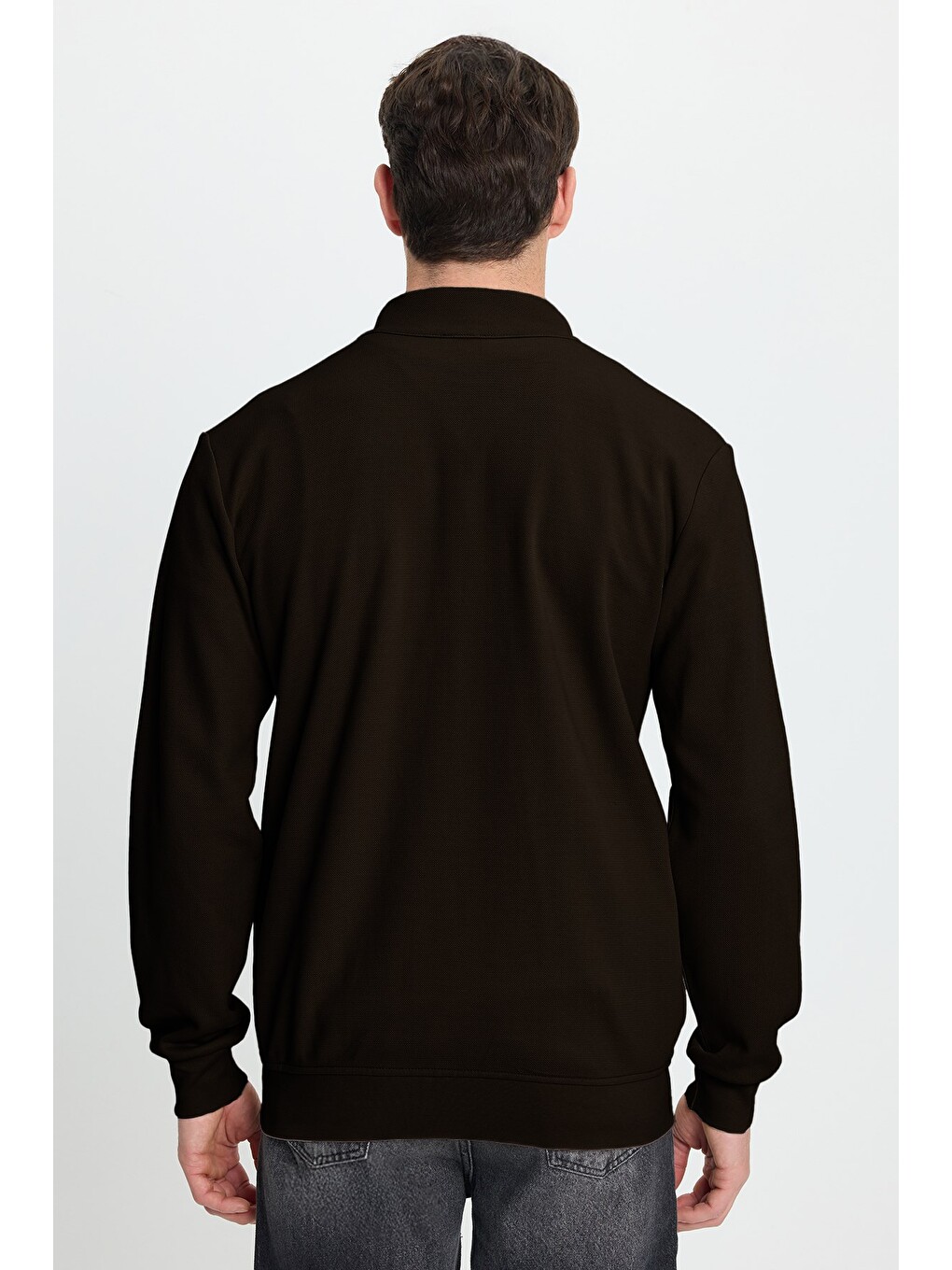 Erkek Slim Fit Dar Kesim Pamuklu Tam Fermuarlı Çift Cepli Dik Yaka Koyu Kahverengi Sweatshirt Hırka-5