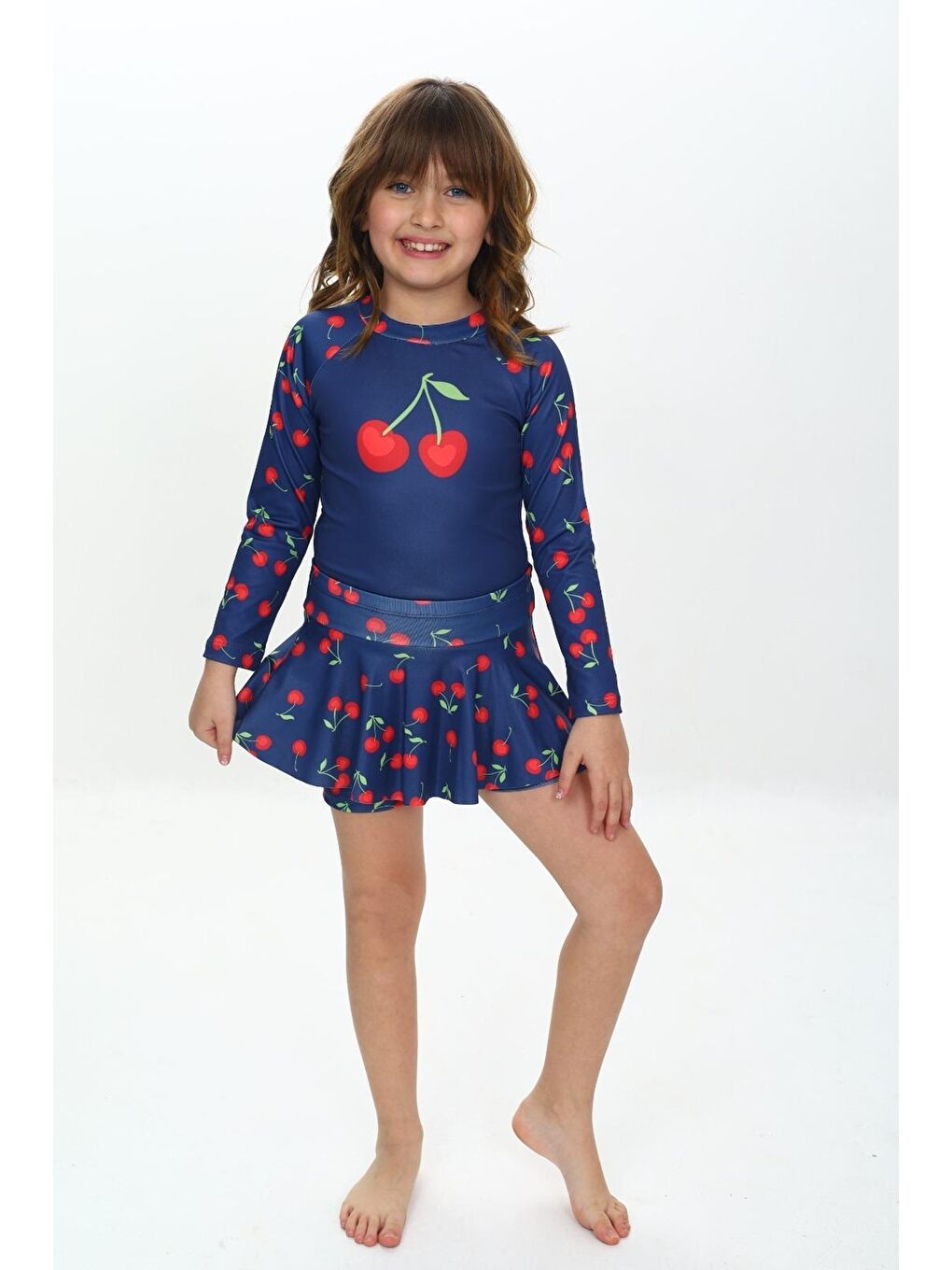 Lacivert Kız Çocuk Şort Etekli Uzun Kollu Mayo Takımı 3-10 Yaş 12227