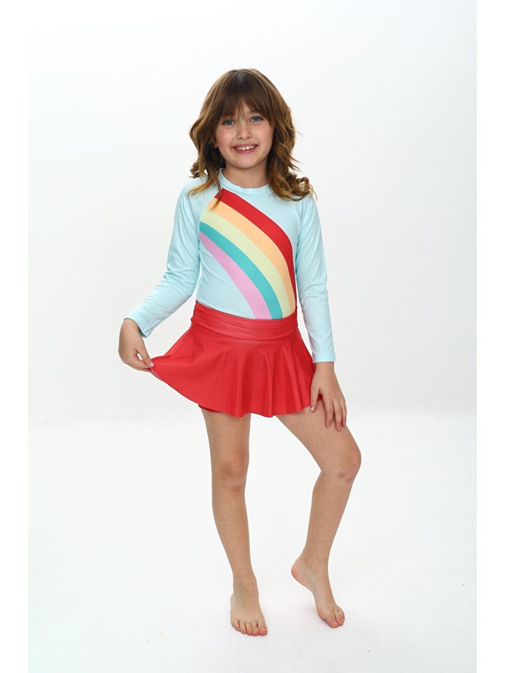 Karışık Kız Çocuk Şort Etekli Uzun Kollu Mayo Takımı 3-10 Yaş 12227
