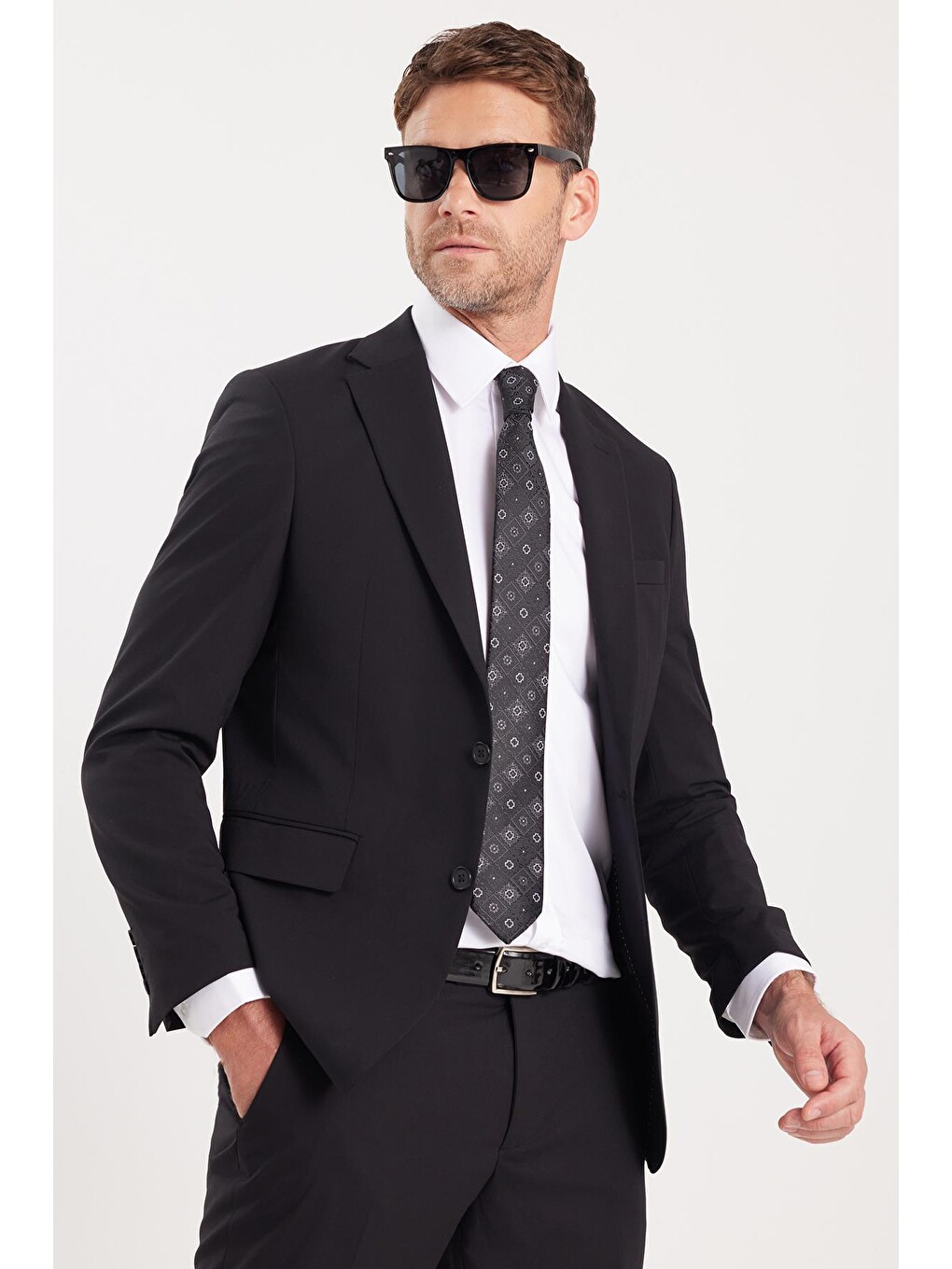 Erkek Slim Fit Mono Yaka Elastanlı Esnek Kumaş Siyah Takım Elbise-1