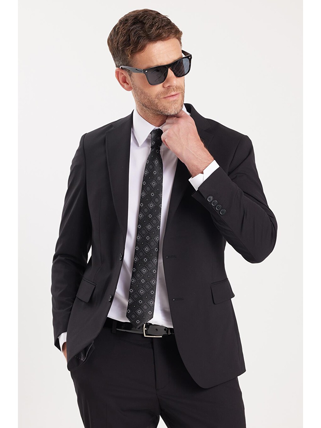 Erkek Slim Fit Mono Yaka Elastanlı Esnek Kumaş Siyah Takım Elbise-4