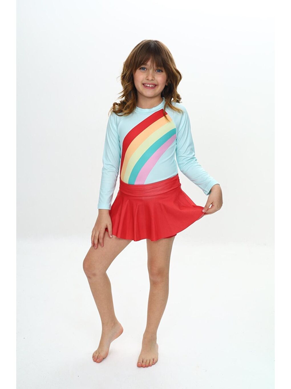 Karışık Kız Çocuk Şort Etekli Uzun Kollu Mayo Takımı 3-10 Yaş 12227-1