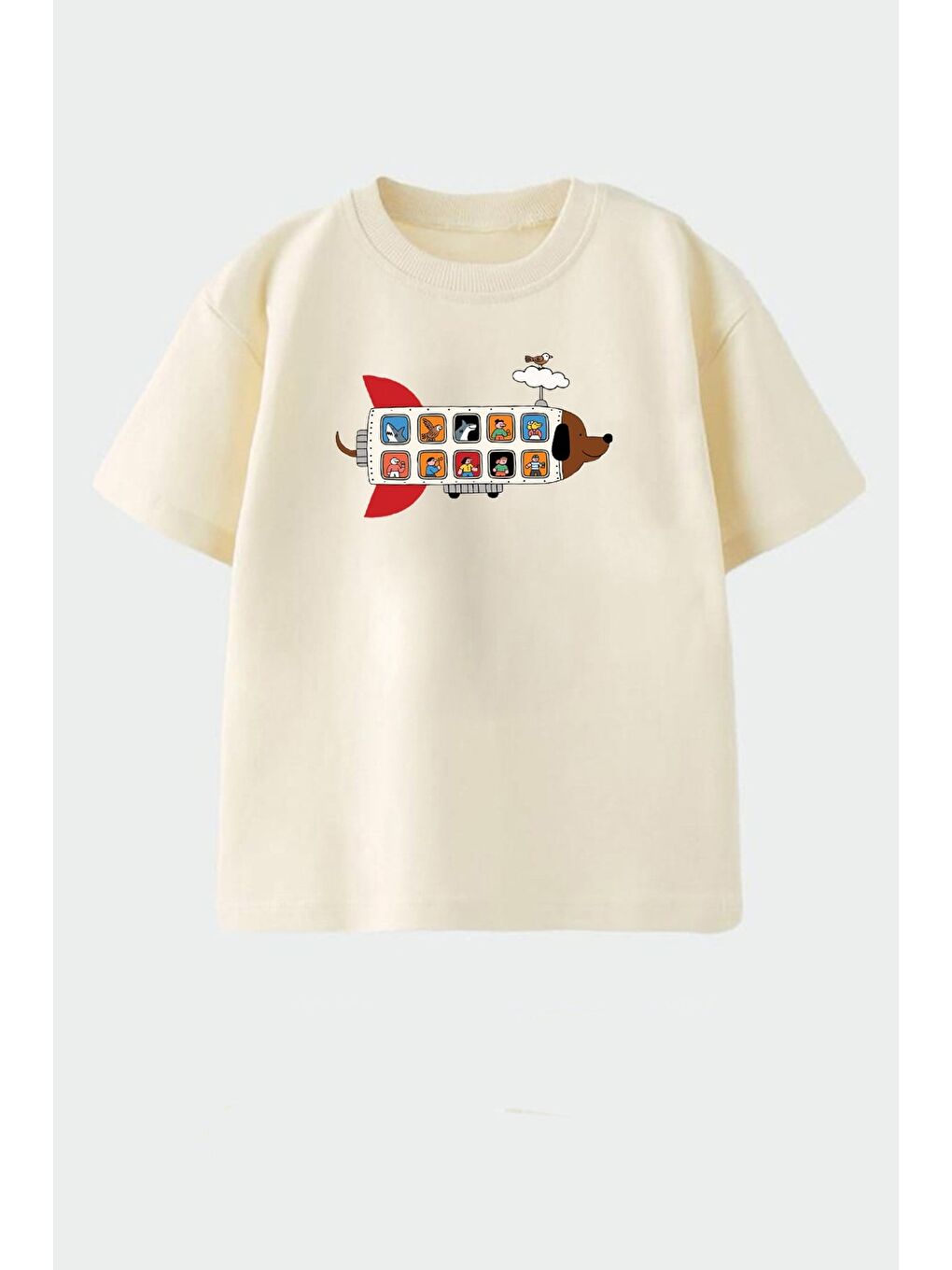 Bej Erkek Çocuk Pamuklu Bisiklet Yaka Baskılı T-Shirt