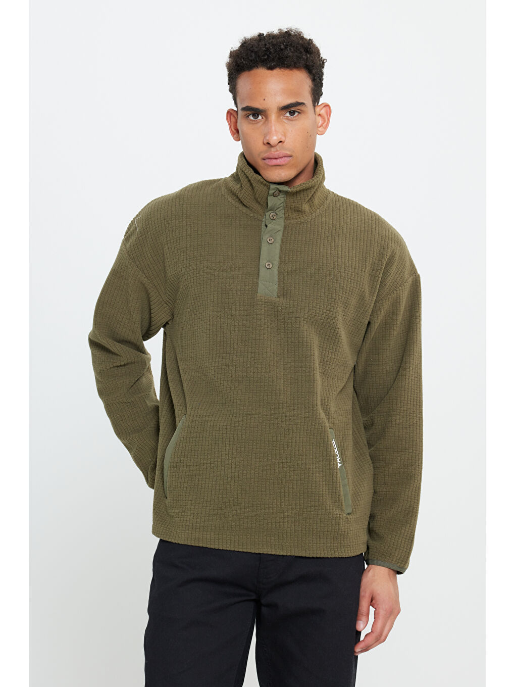 Erkek Haki Loose Fit Bato Yaka Desenli Polar