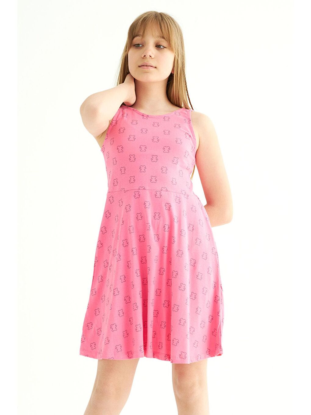 Pembe Yuvarlak Yaka Kız Çocuk Elbise