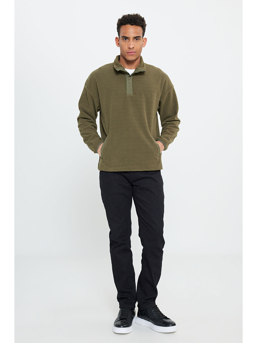 Erkek Haki Loose Fit Bato Yaka Desenli Polar-1