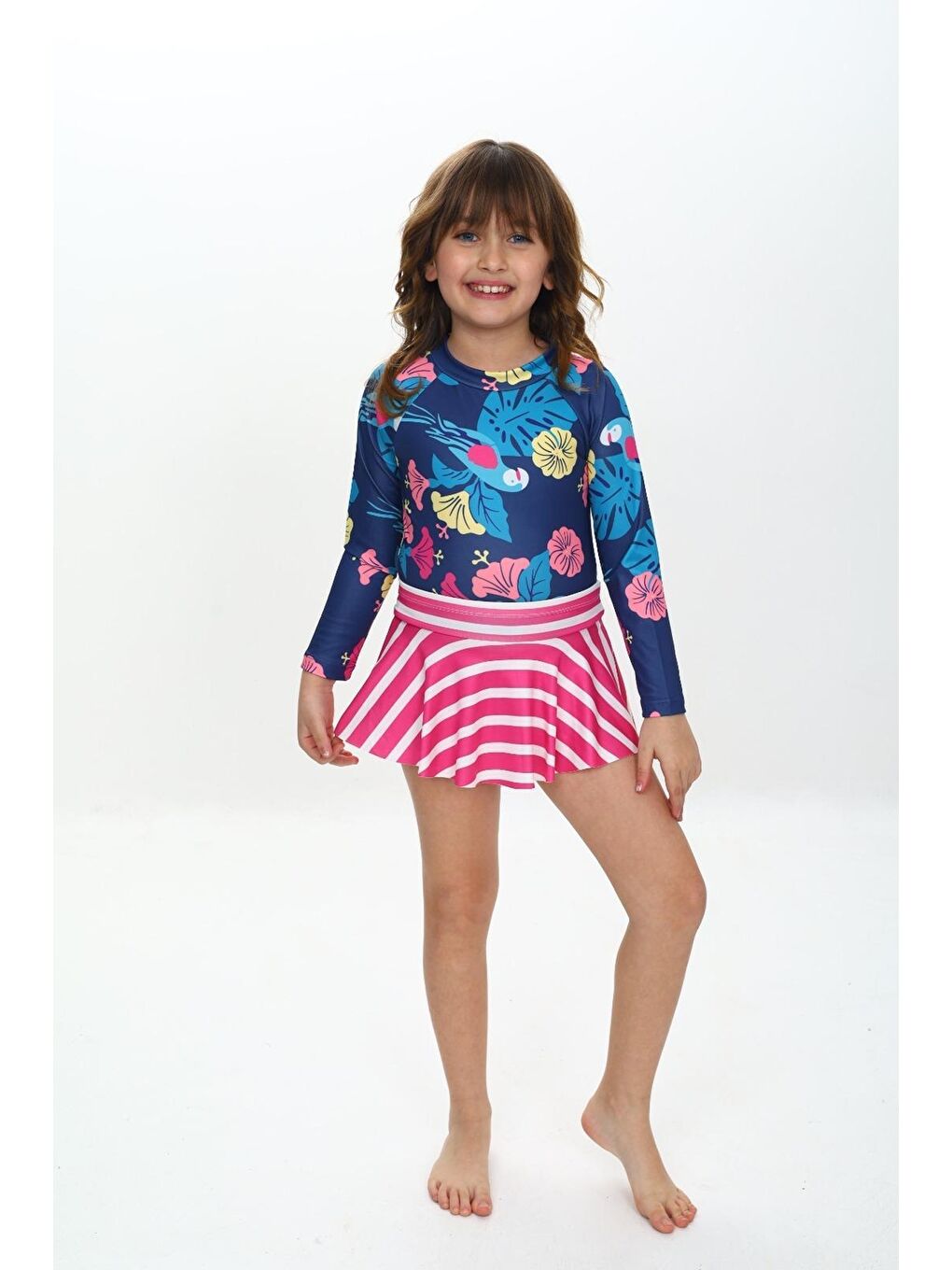 Karışık Kız Çocuk Şort Etekli Uzun Kollu Mayo Takımı 3-10 Yaş 12227