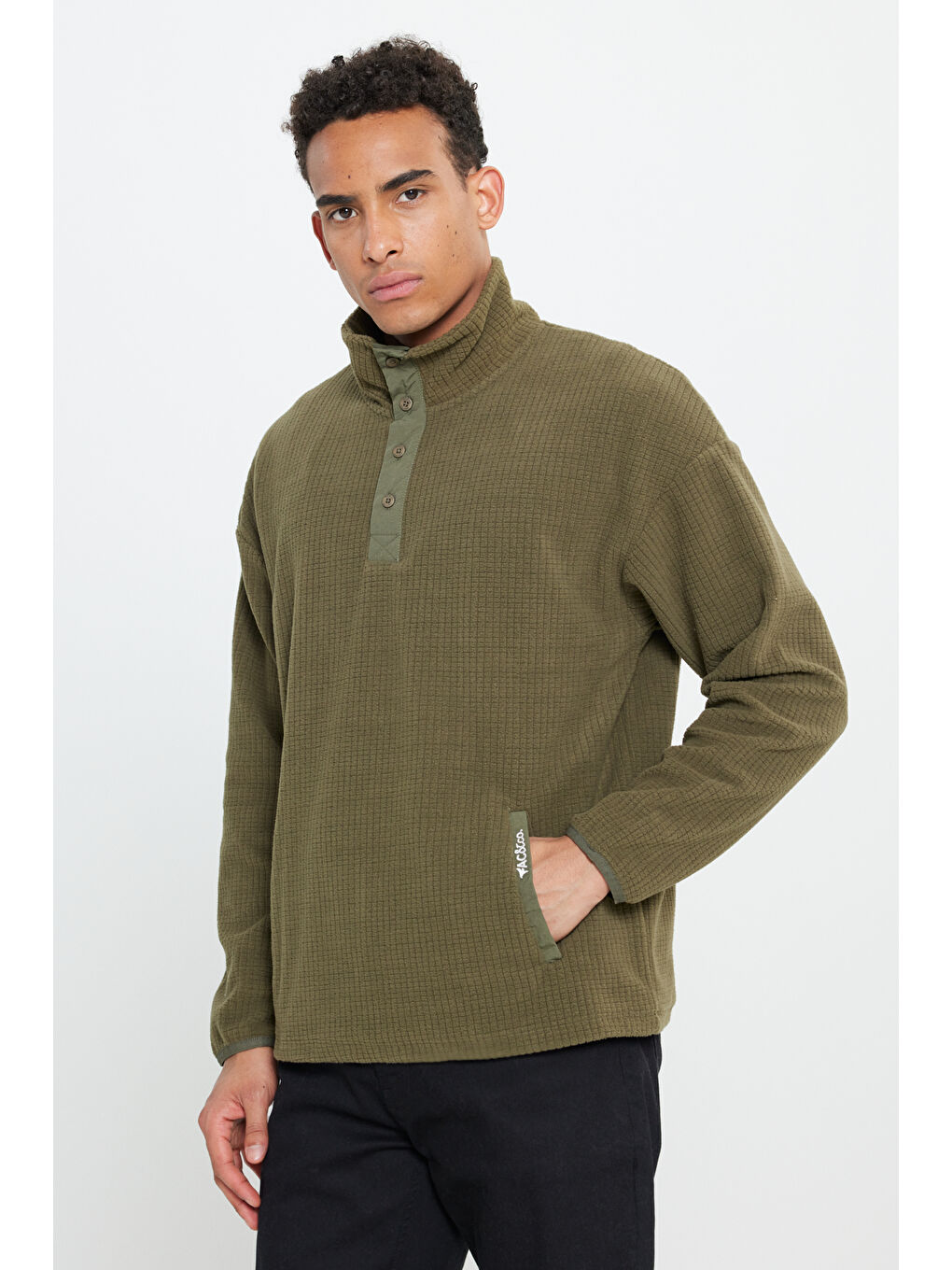 Erkek Haki Loose Fit Bato Yaka Desenli Polar-2