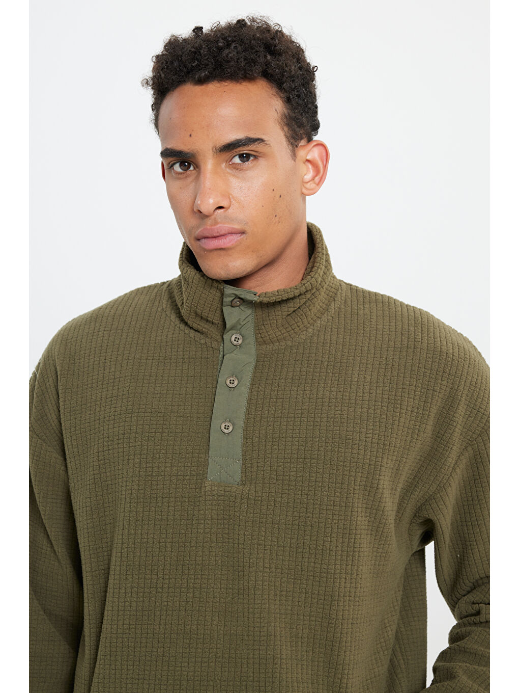 Erkek Haki Loose Fit Bato Yaka Desenli Polar-3