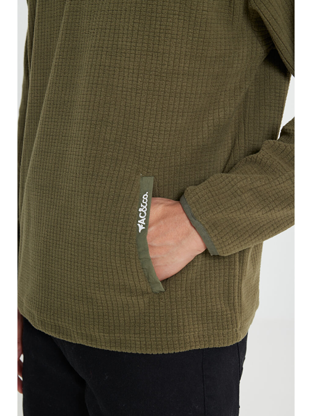 Erkek Haki Loose Fit Bato Yaka Desenli Polar-4