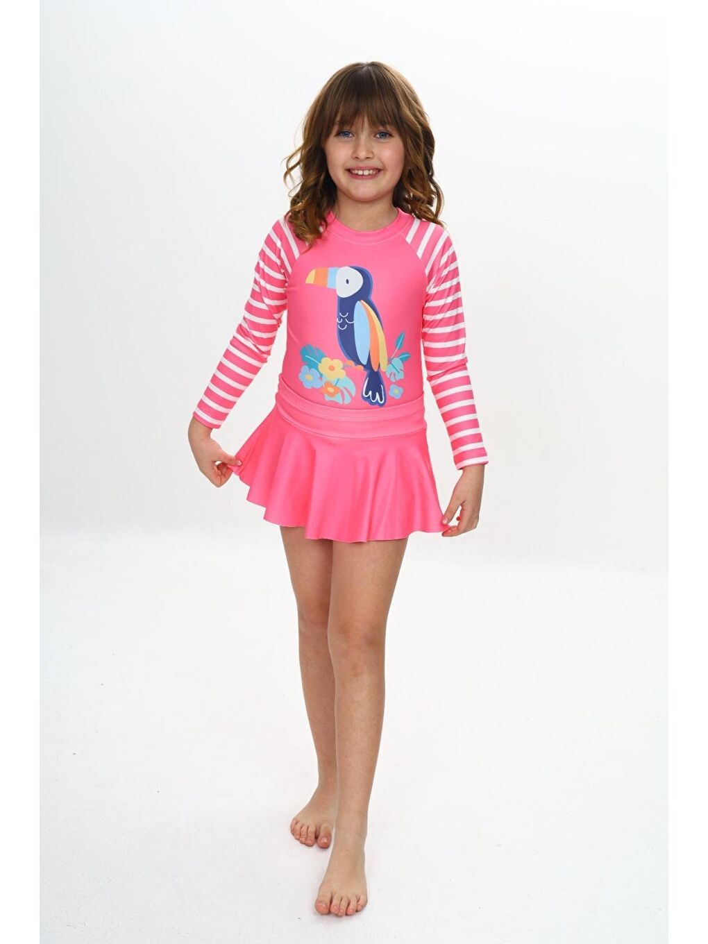 Pembe Kız Çocuk Şort Etekli Uzun Kollu Mayo Takımı 3-10 Yaş 12227-1