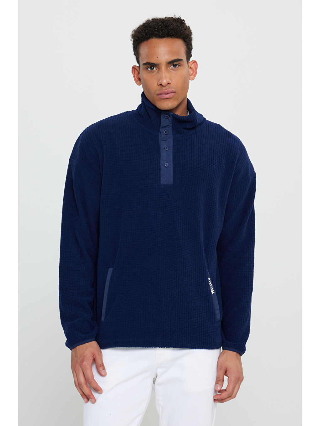 Erkek Lacivert Loose Fit Bato Yaka Desenli Polar-2