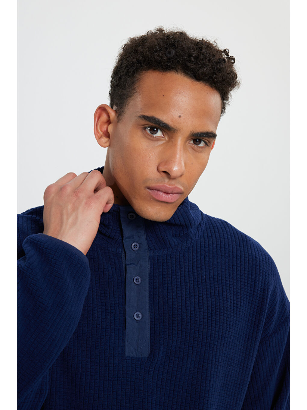 Erkek Lacivert Loose Fit Bato Yaka Desenli Polar-3