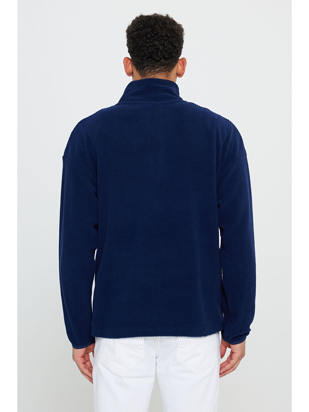 Erkek Lacivert Loose Fit Bato Yaka Desenli Polar-5