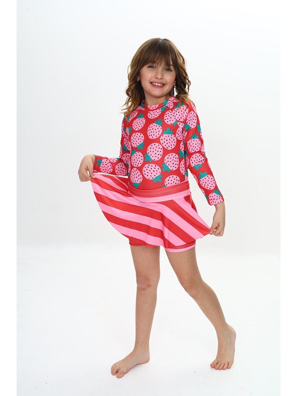 Kırmızı Kız Çocuk Şort Etekli Uzun Kollu Mayo Takımı 3-10 Yaş 12226