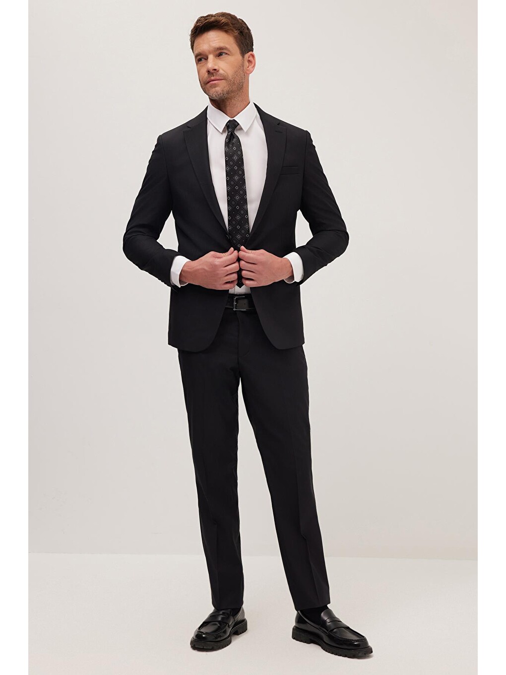 Erkek Slim Fit Mono Yaka Elastanlı Esnek Kumaş Siyah Takım Elbise-4