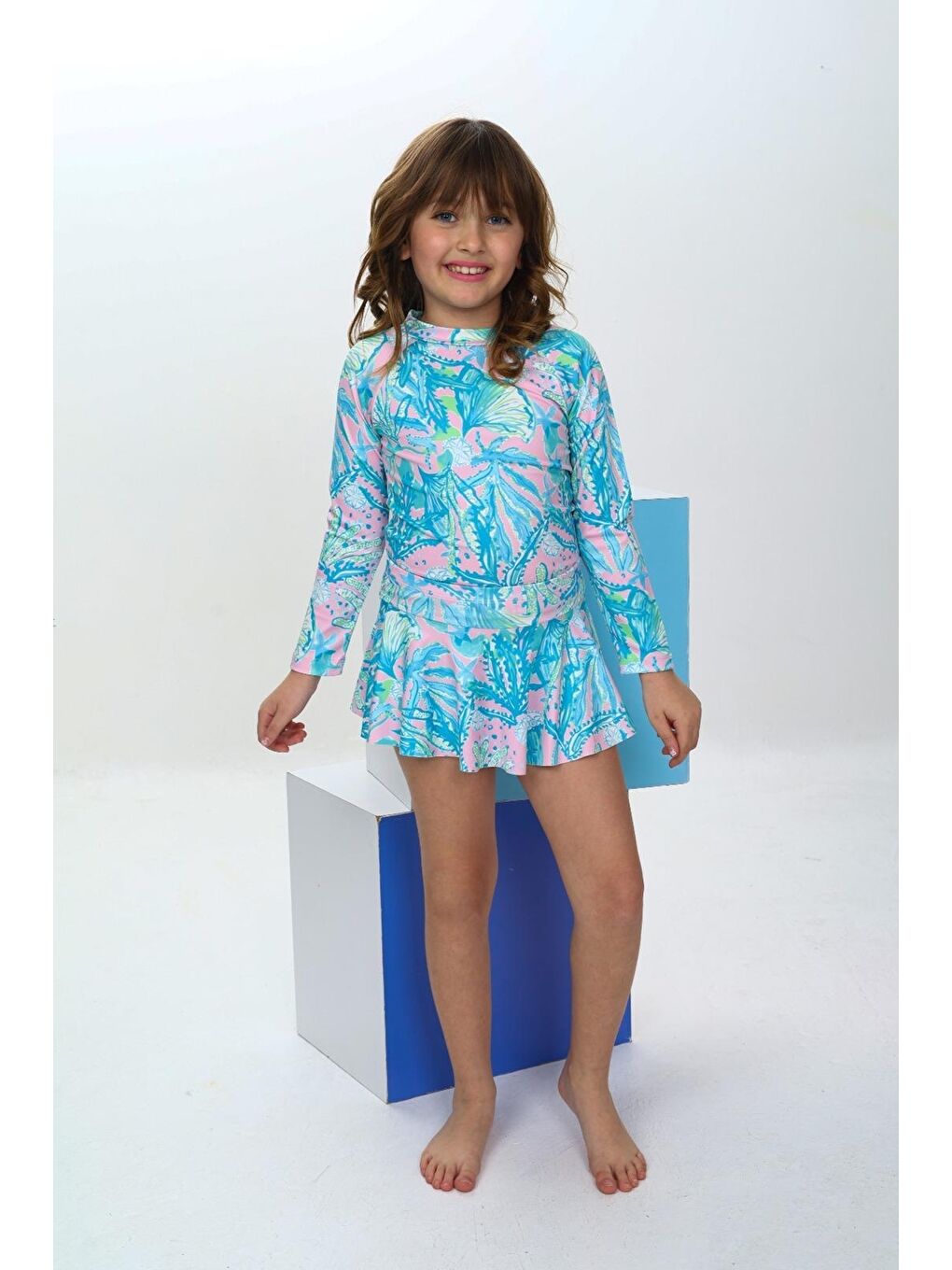 Turkuaz Kız Çocuk Şort Etekli Uzun Kollu Mayo Takımı 3-10 Yaş 12226