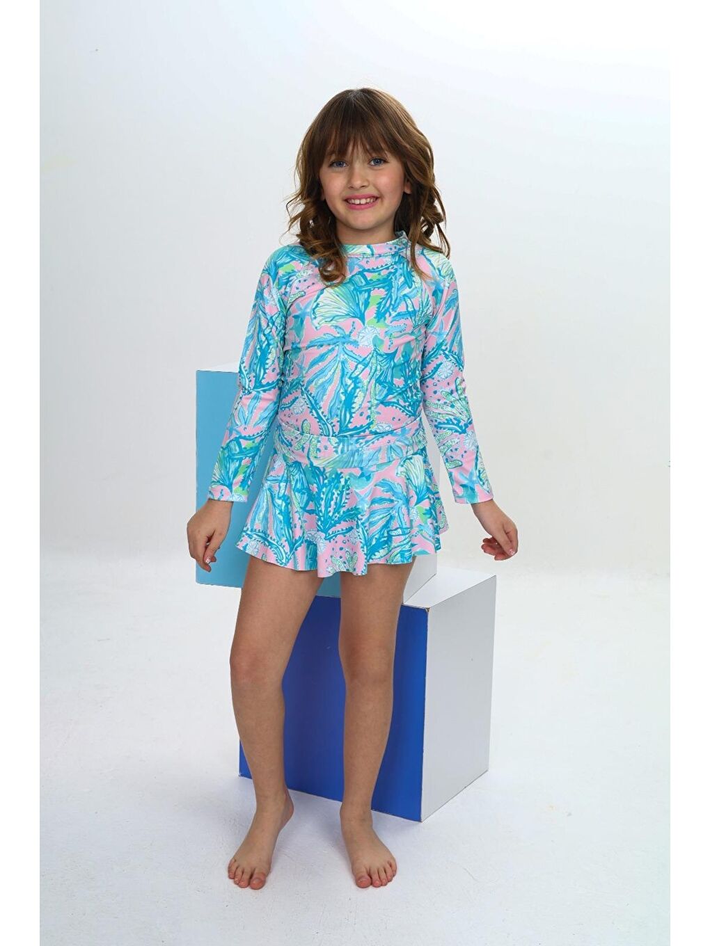 Turkuaz Kız Çocuk Şort Etekli Uzun Kollu Mayo Takımı 3-10 Yaş 12226-1