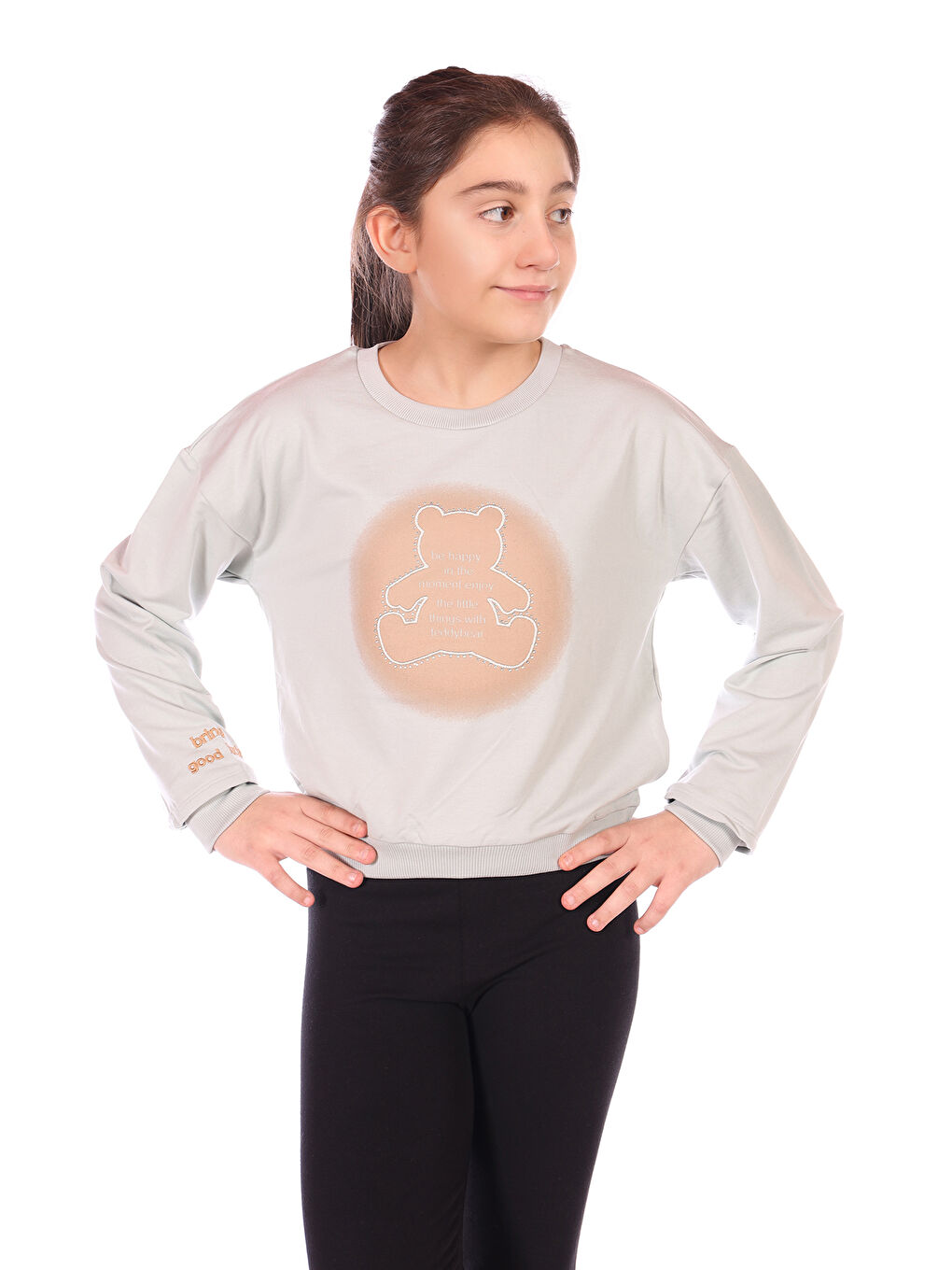 Gri Kız Çocuk Ayıcık Baskılı Sweatshirt